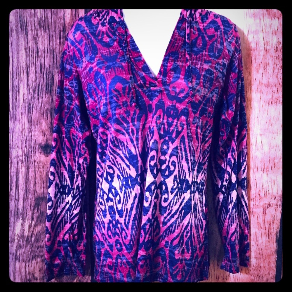 Purple And Pink Print Hooded Blouse